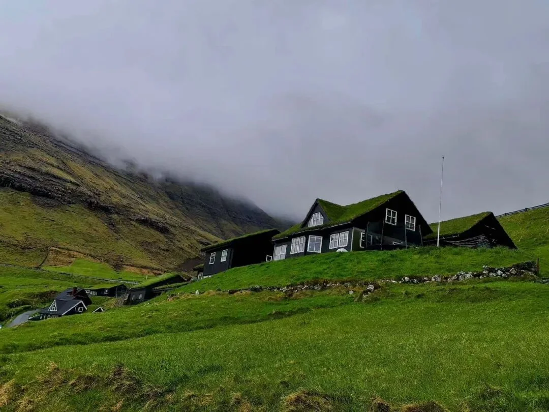 法罗群岛山坡上的草皮屋顶建筑。