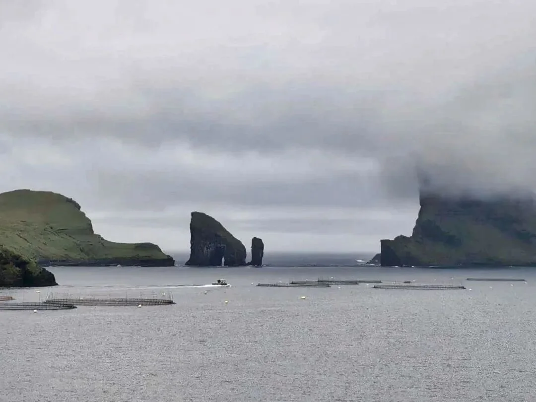 法罗群岛海面远处的海蚀柱与峭壁。
