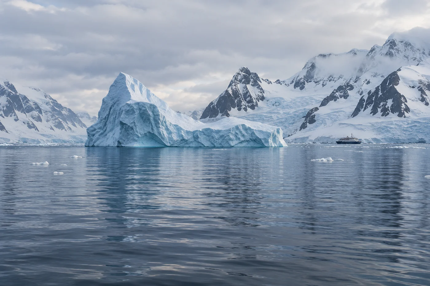 Blue icebergs and snow-covered mountains around a quiet polar bay