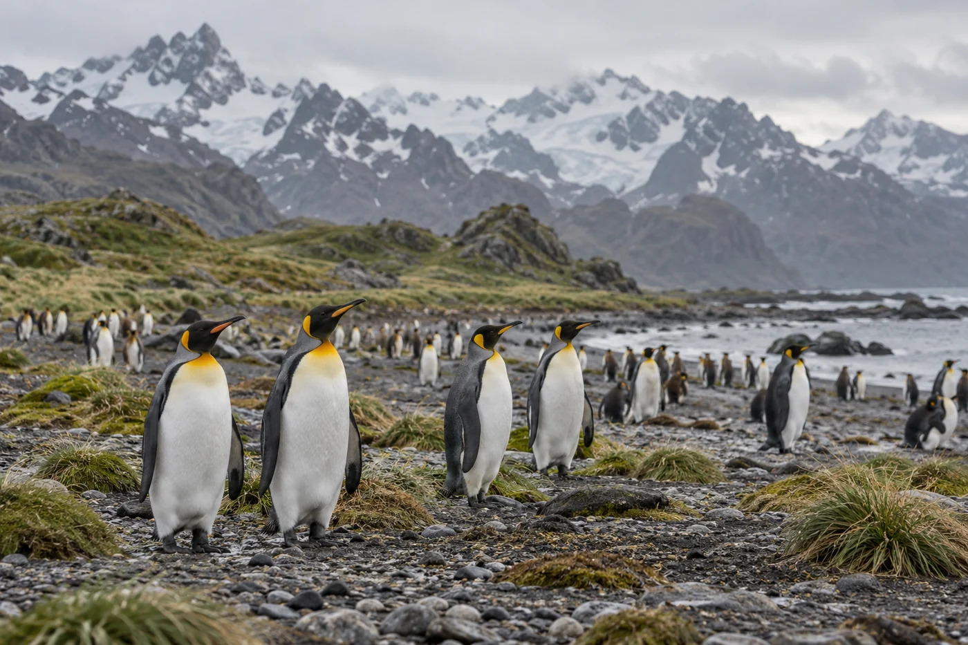 King penguins on a rugged coast beneath distant mountains