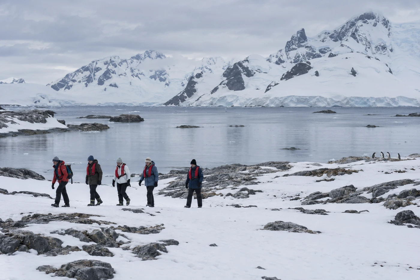 Expedition travelers on a snowy Antarctic shore with distant penguins