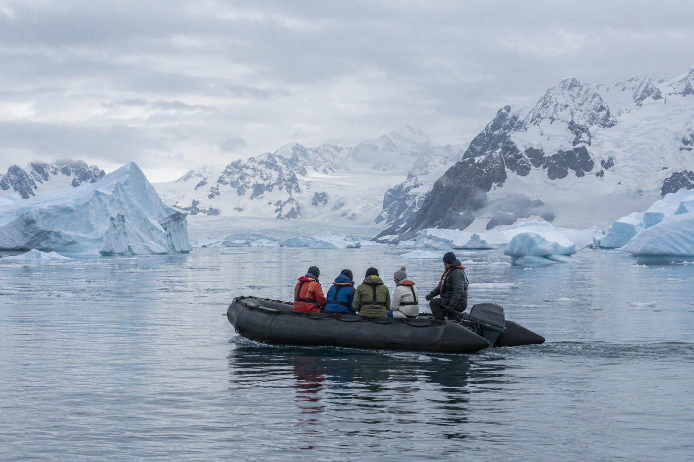 A Zodiac boat carrying expedition travelers through an Antarctic ice bay