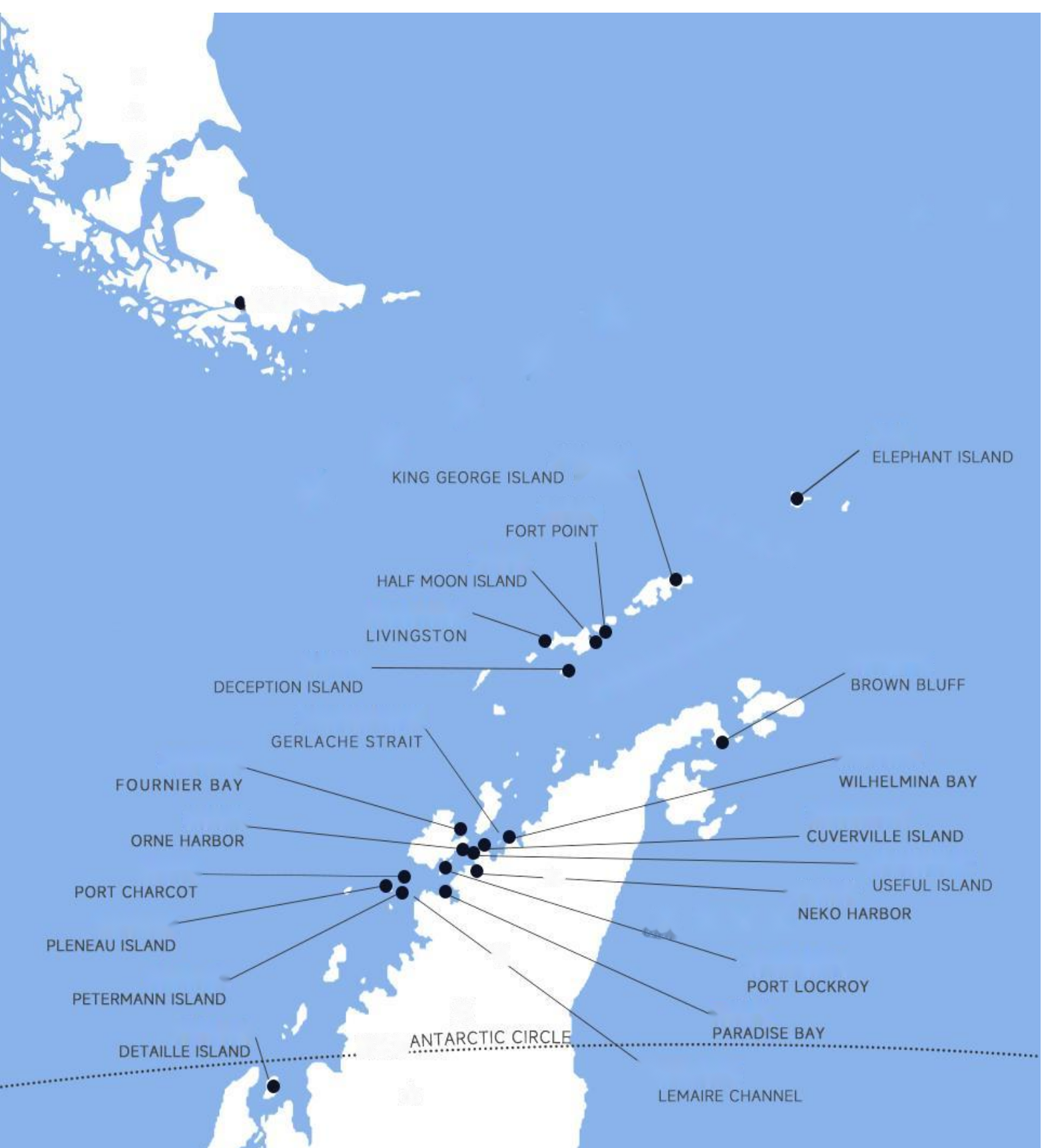 Map of landing sites from Ushuaia towards the Antarctic Peninsula and Antarctic Circle