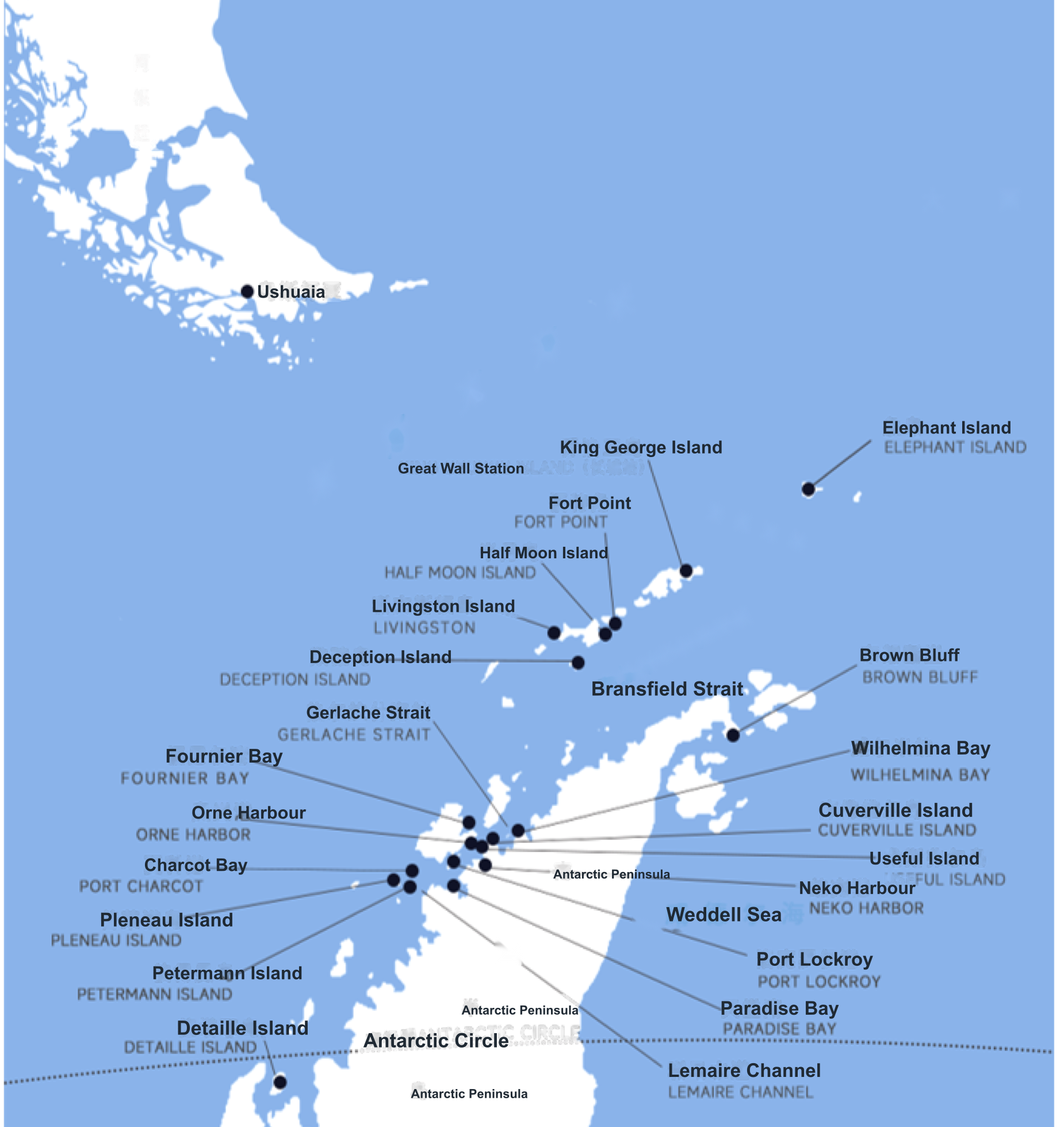 Antarctica Fly-Cruise · Ushuaia and Punta Arenas, 18 Days route map