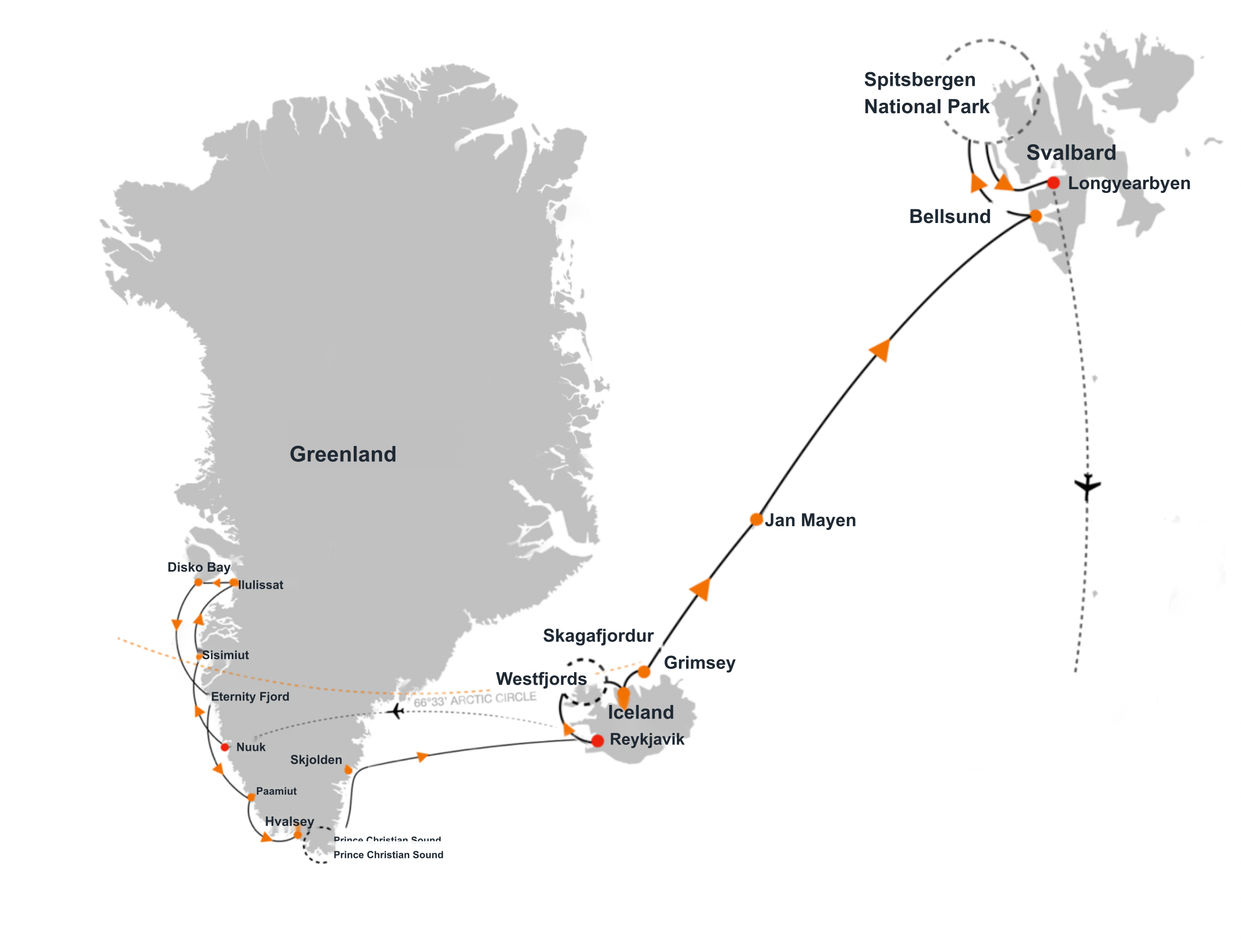 Greenland, Iceland, Jan Mayen and Svalbard · 27-Day Arctic Cruise route map