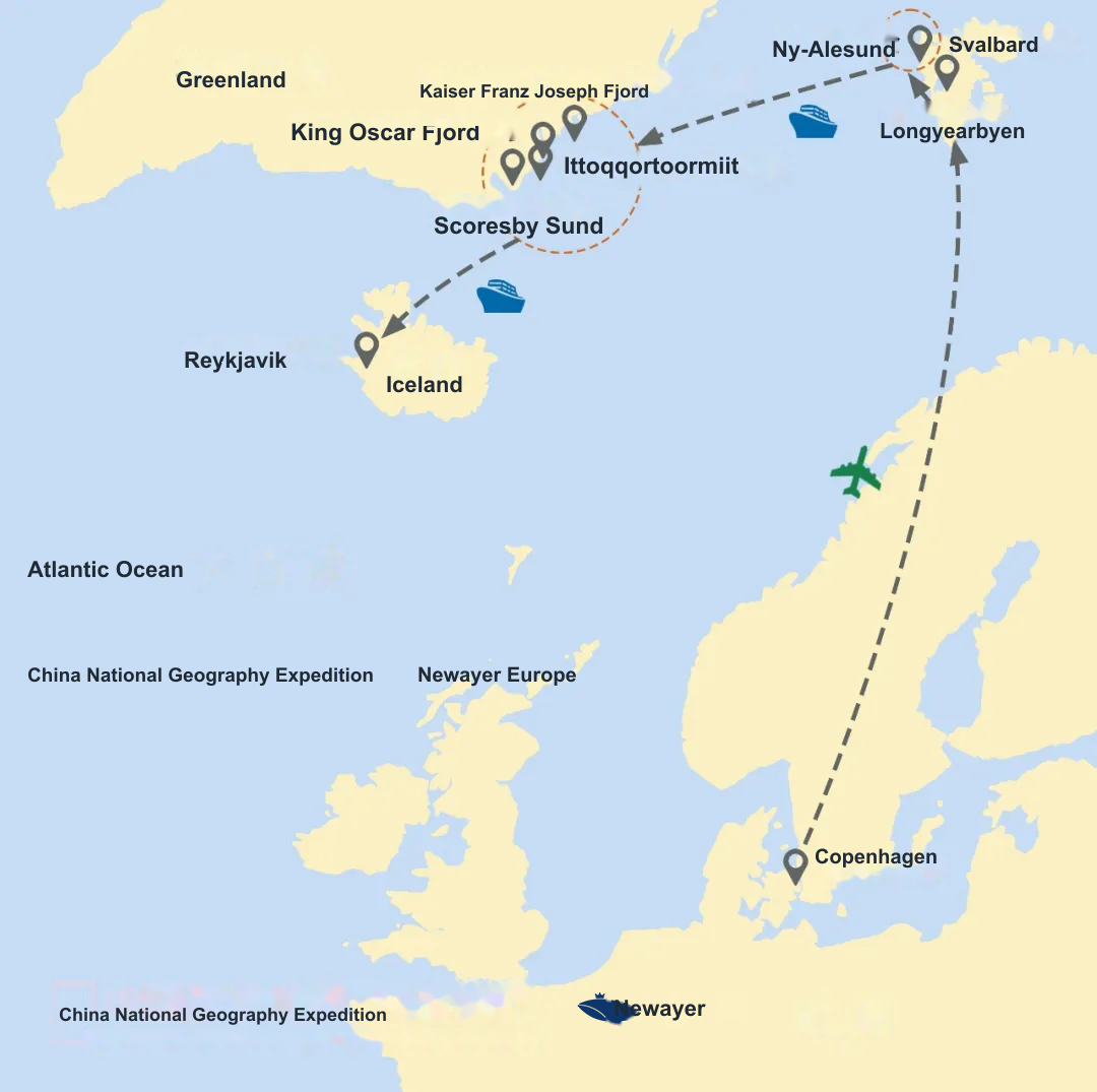 Newayer Travel x China National Geography · Svalbard, Greenland and Iceland route map
