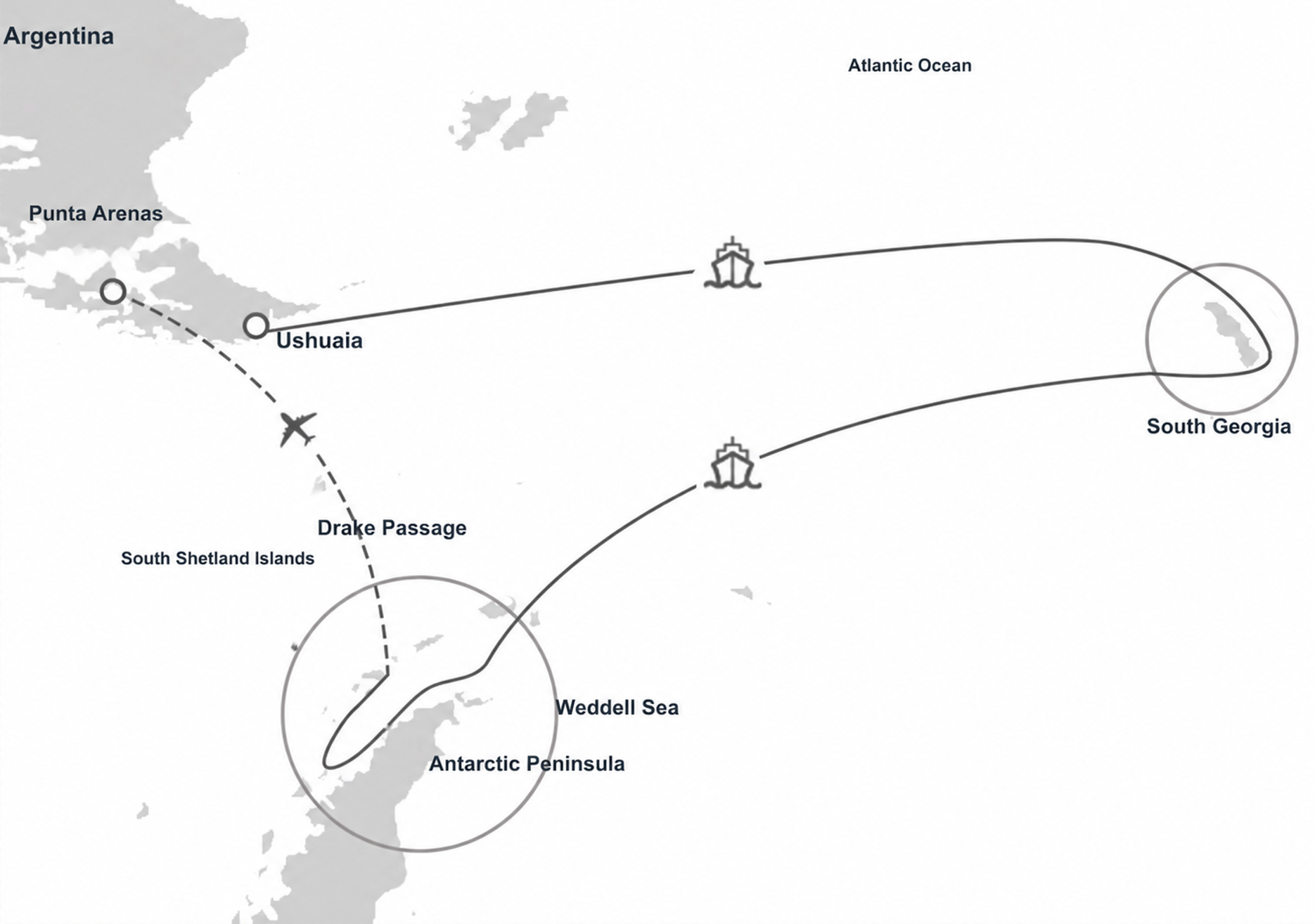 South Georgia and Antarctic Peninsula expedition route