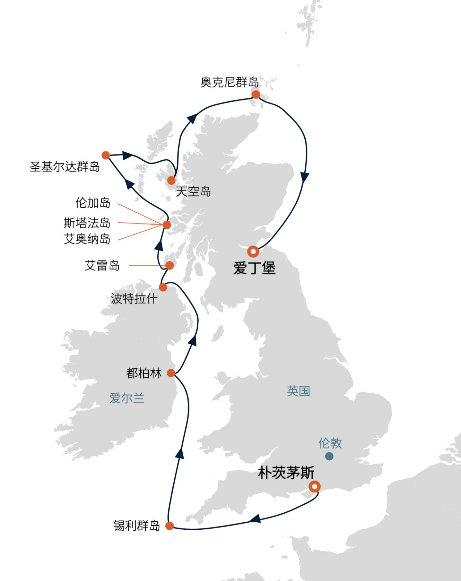 2027年从朴茨茅斯前往锡利群岛、爱尔兰、赫布里底群岛、奥克尼与爱丁堡的不列颠群岛航线图