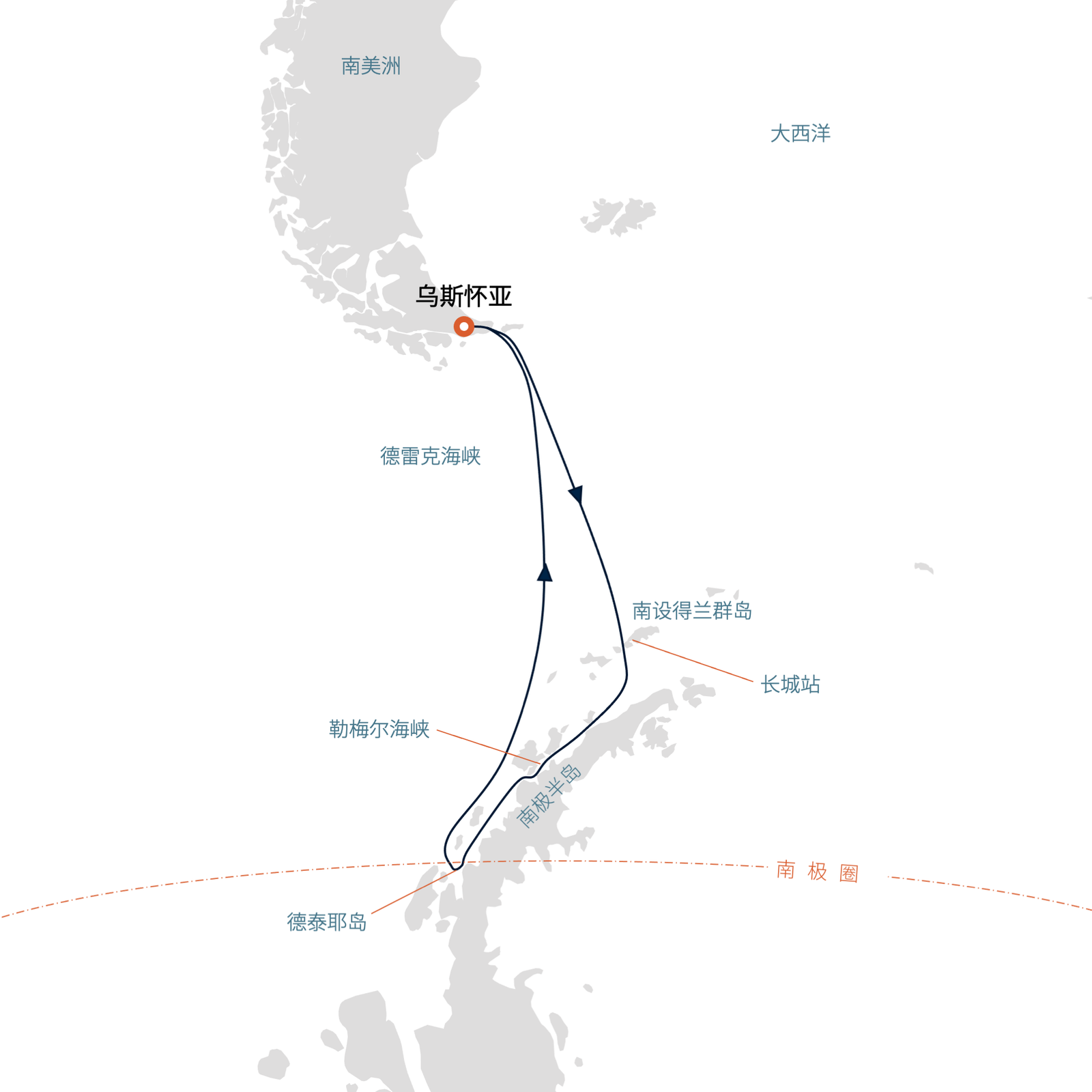 Seaventure 海神号 · 14天穿圈南极半岛+长城站 航线图
