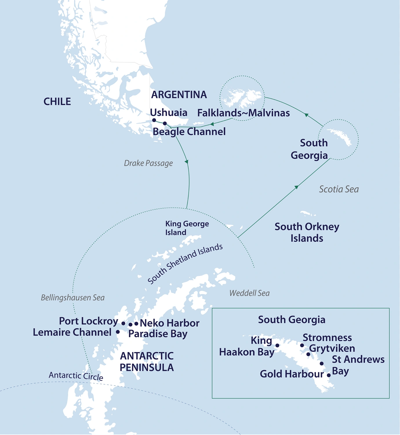 Douglas Mawson 摩森号 · 23天南极三岛+穿圈 航线图