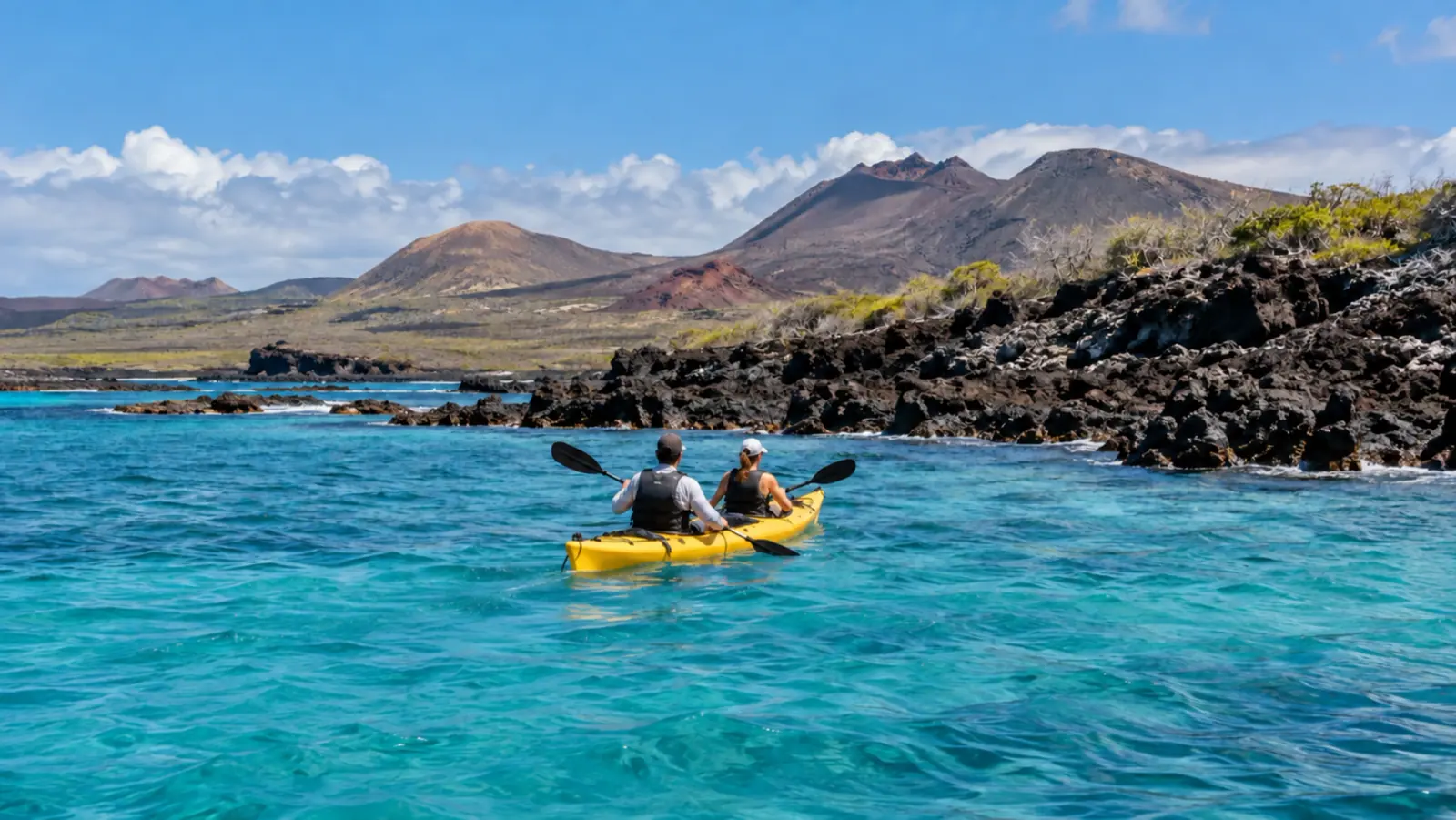 穿着救生衣的旅客沿火山海岸划双人皮划艇，AI氛围示意