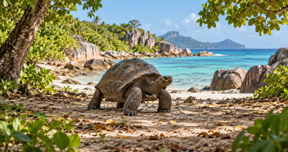 Giant tortoise on a Seychelles coast