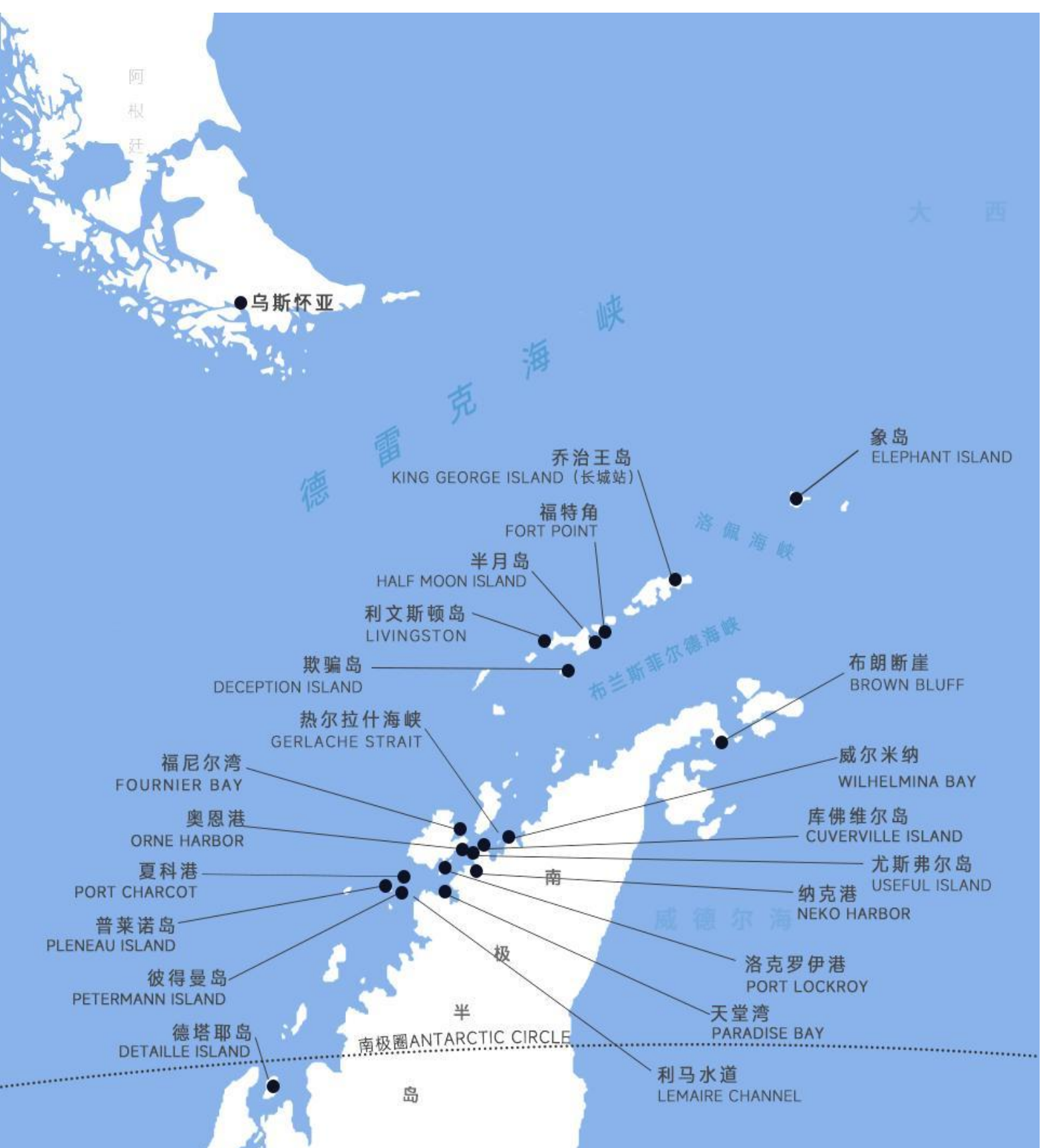 乌斯怀亚至南极半岛与南极圈方向登陆点纯地图
