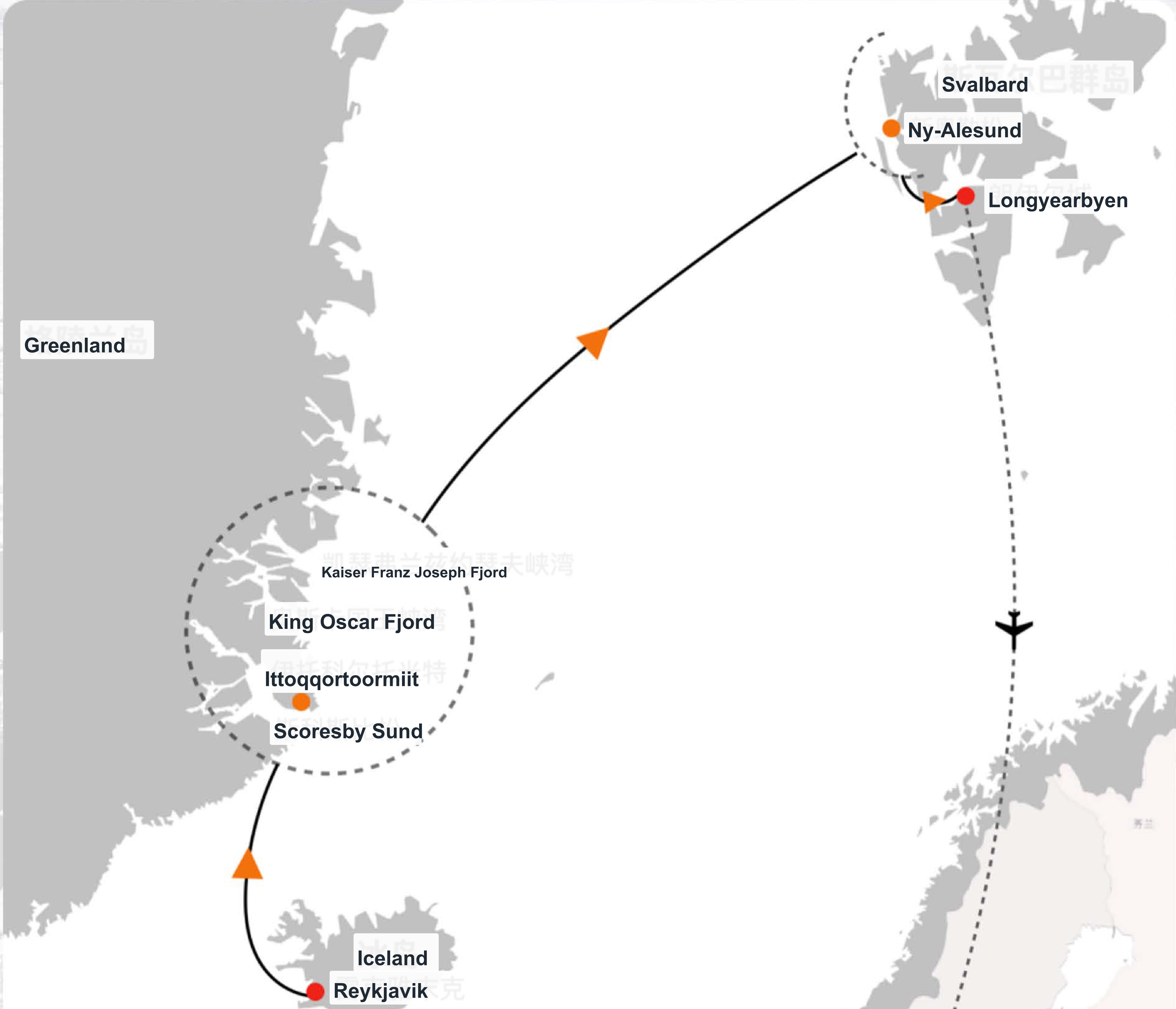 Arctic Three Islands · East Greenland and Svalbard, 18 Days route map
