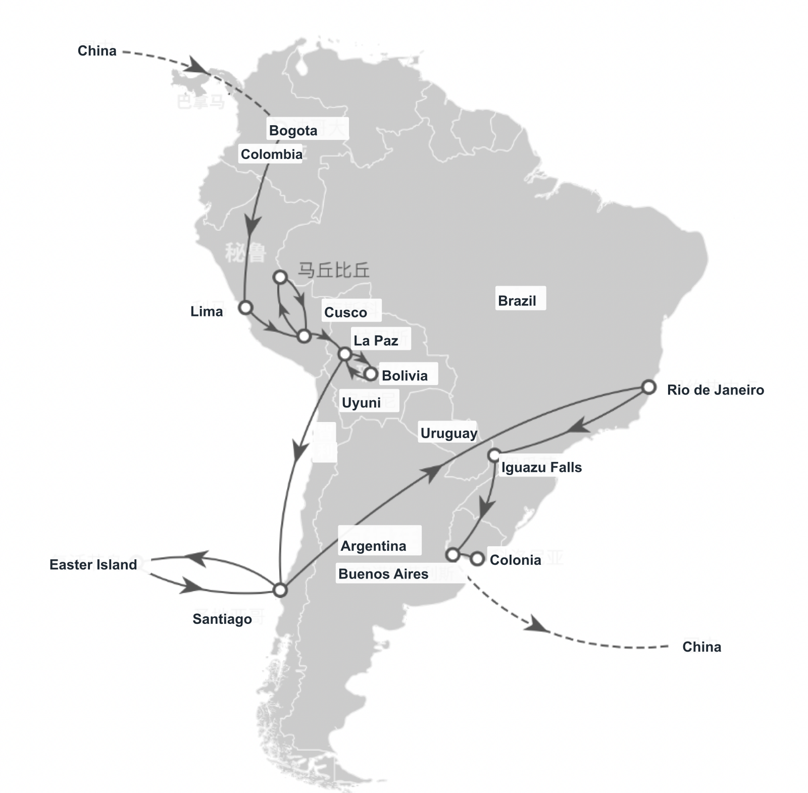 Across the Andes · Seven Countries in South America, 29 Days route map