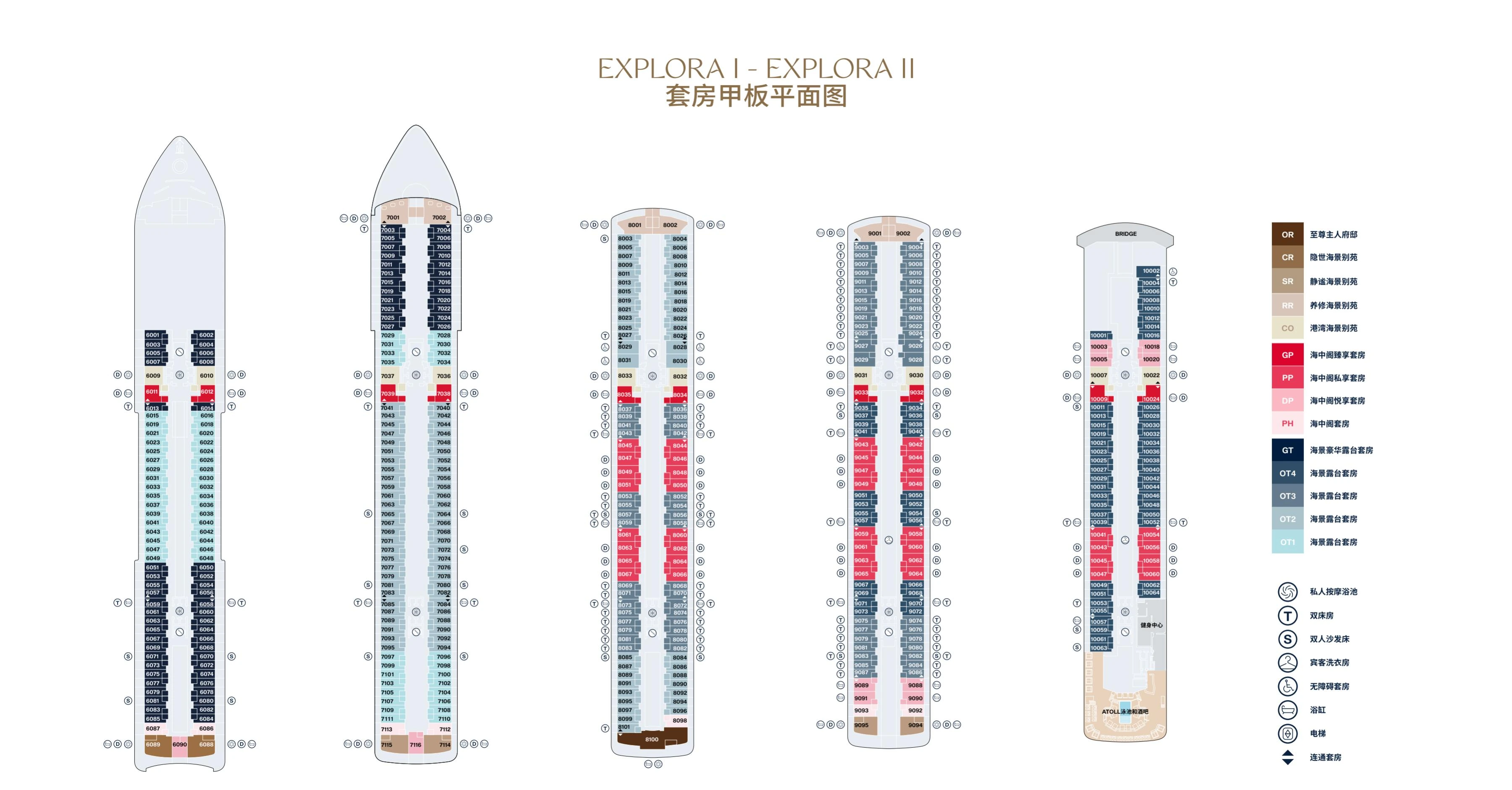 EXPLORA I / II — suite deck plans, decks 6–10