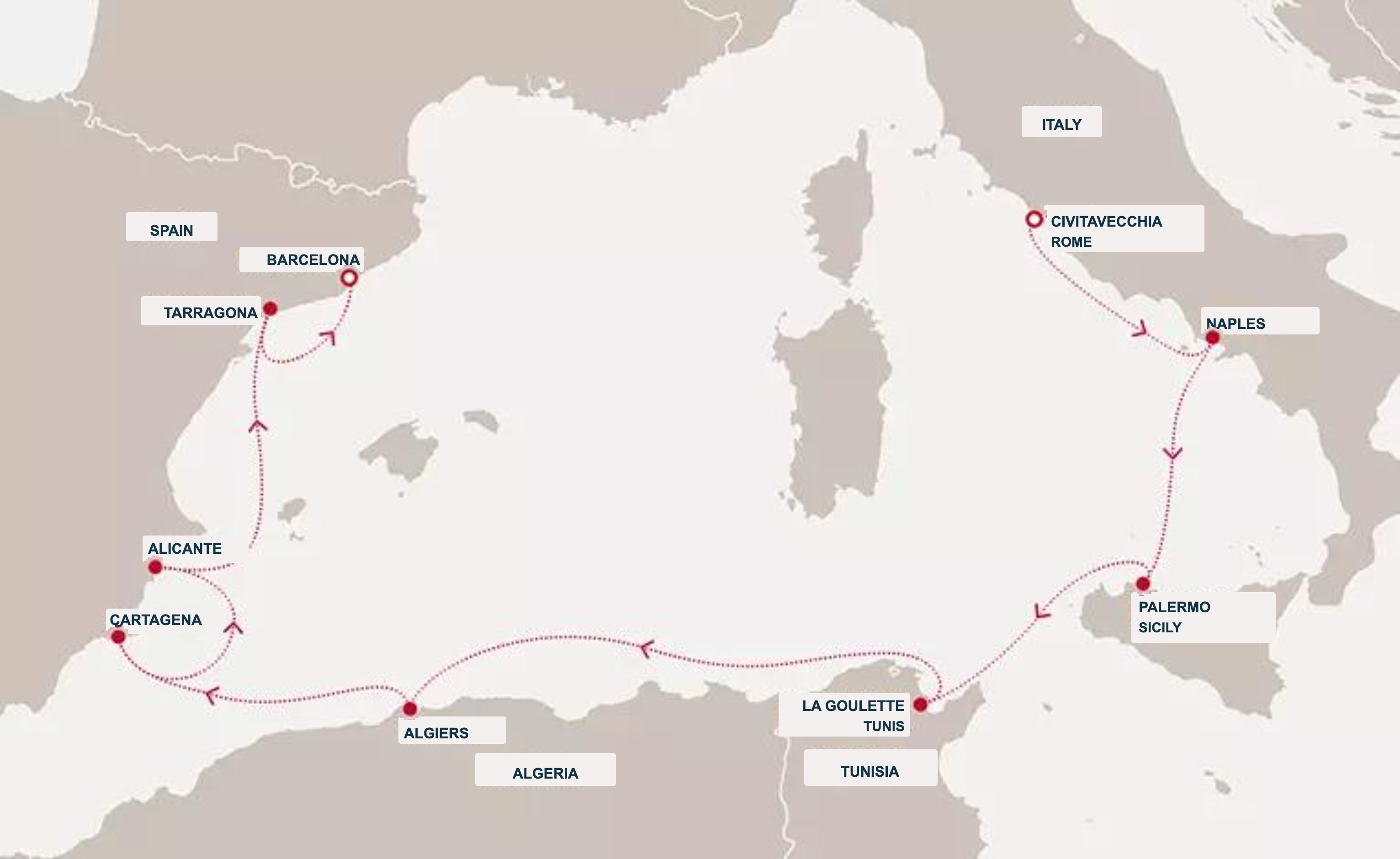 Mediterranean route map from Civitavecchia (Rome) to Barcelona via Naples, Palermo, Tunis, Algiers, Cartagena, Alicante and Tarragona