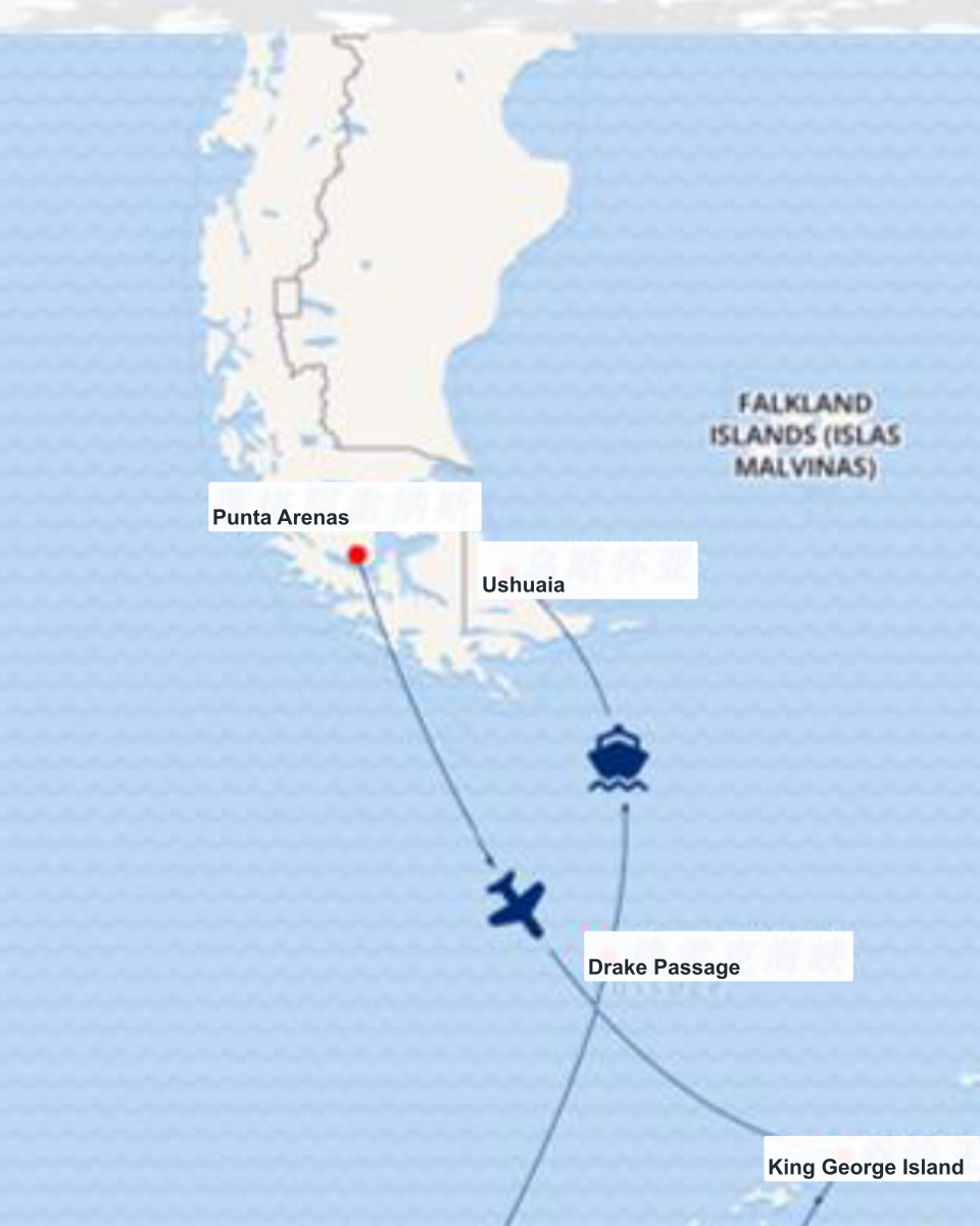 Antarctica Fly-Sail 2027 · Two Gateway Cities + Seven Countries in South America route map
