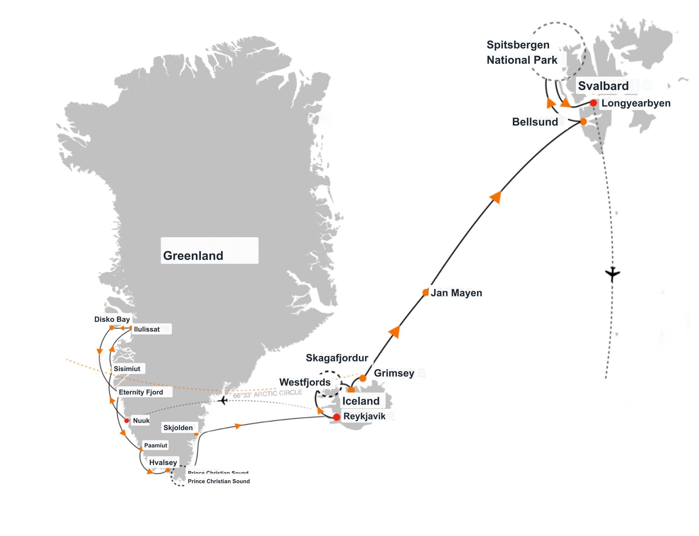 Greenland, Iceland, Jan Mayen and Svalbard · 27-Day Arctic Cruise route map