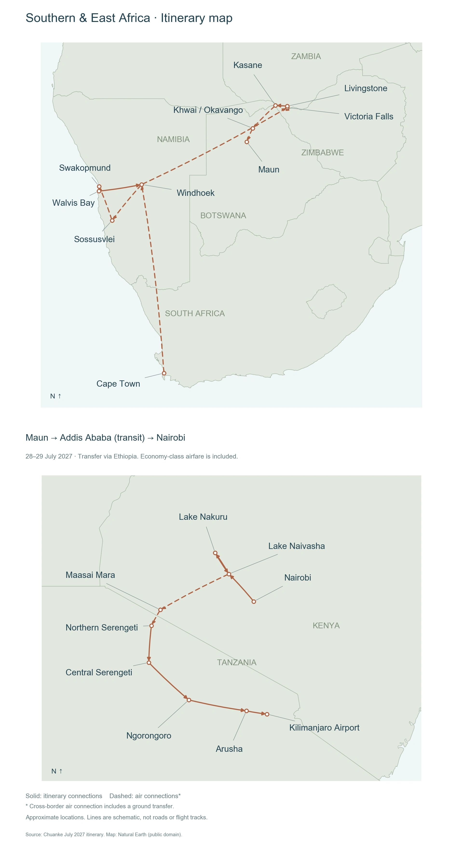 Southern and East Africa: A Journey Across Seven Countries · 23 Days route map